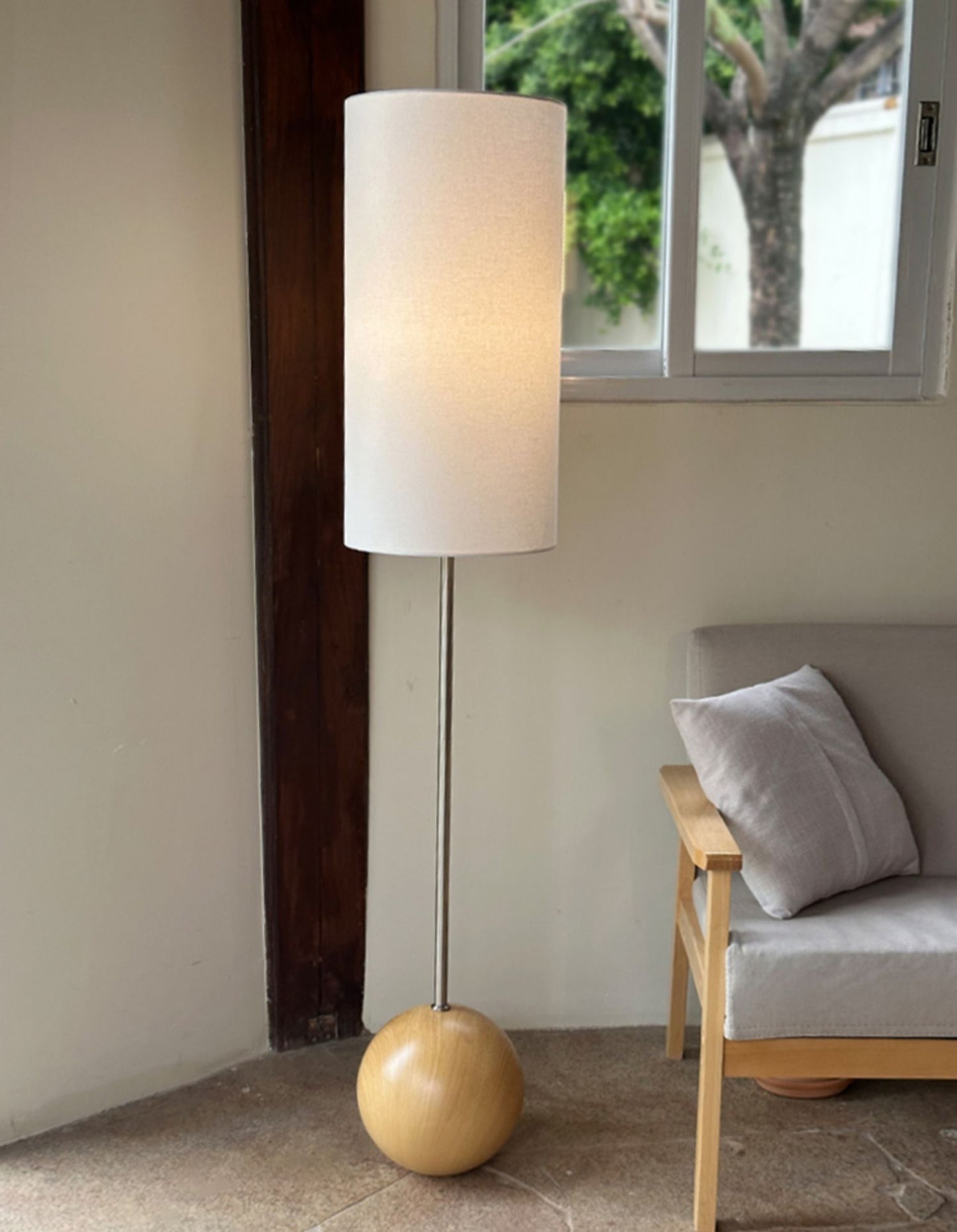 Orbis Wooden Sphere Floor Lamp - Mid-Century Modern Wood Base & Fabric Lamp |