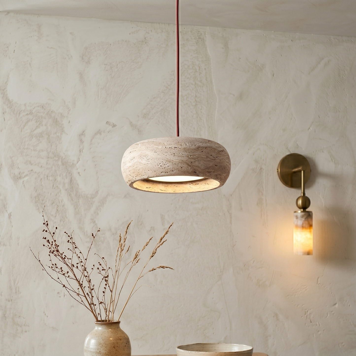 Travertine Drum Pendant Lamp - Natural Stone Disk Light | TRIAC Dimmable Integrated LED Island Pendant
