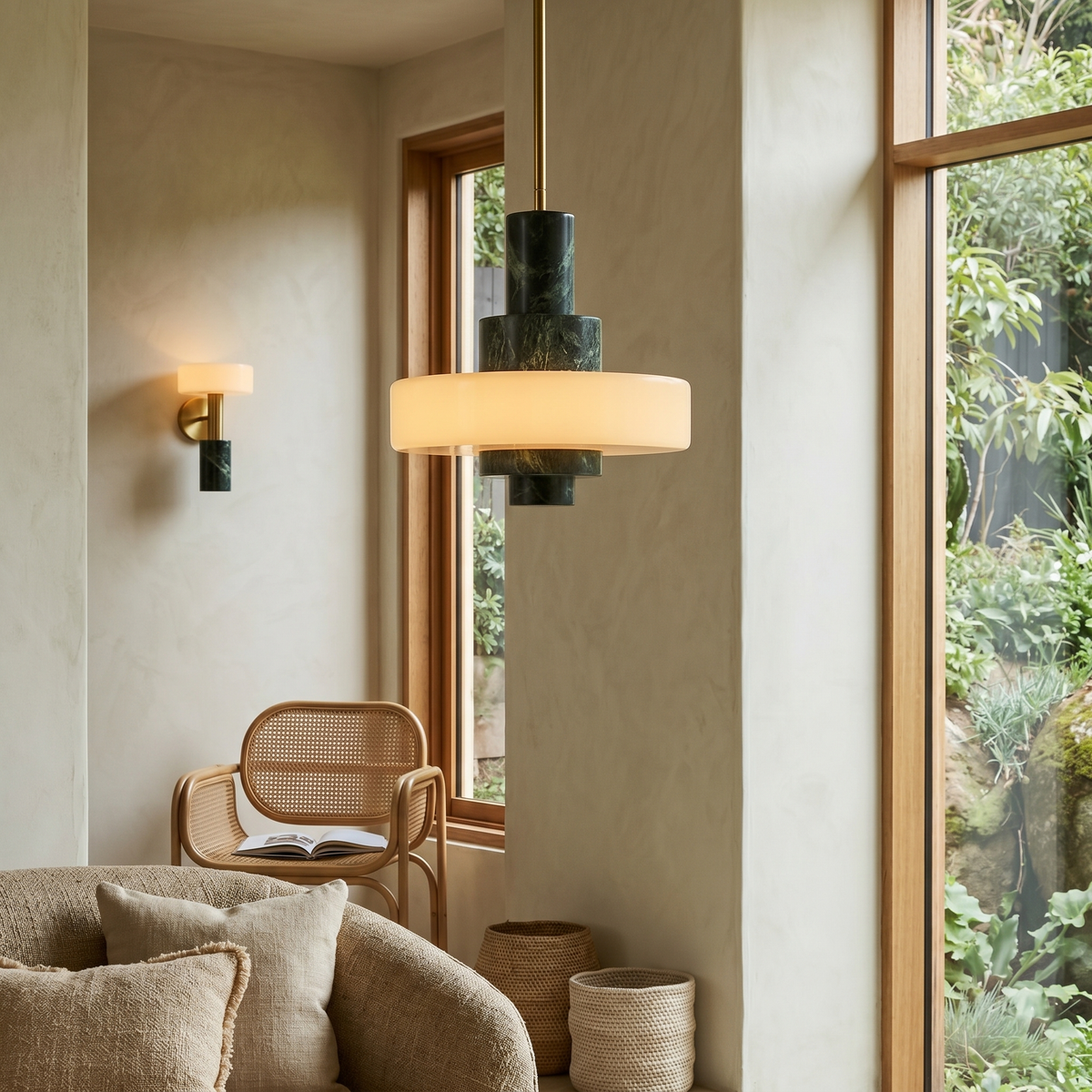 Mercury Green Marble Pendant Lamp - Hand-Carved Marble & Glass LED Light