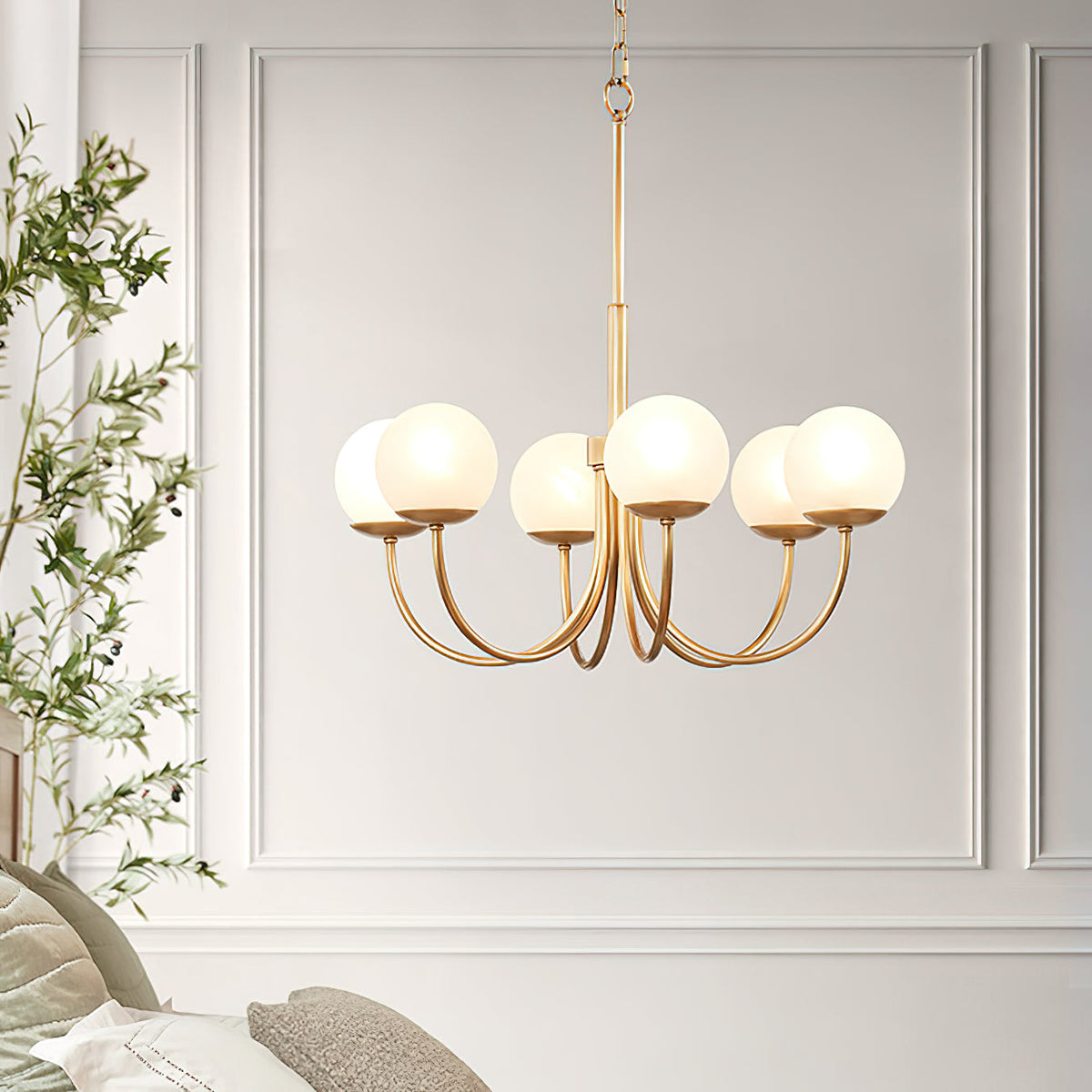 Orillia Glass Chandelier - Mid-Century Curved Brass & Globe Light