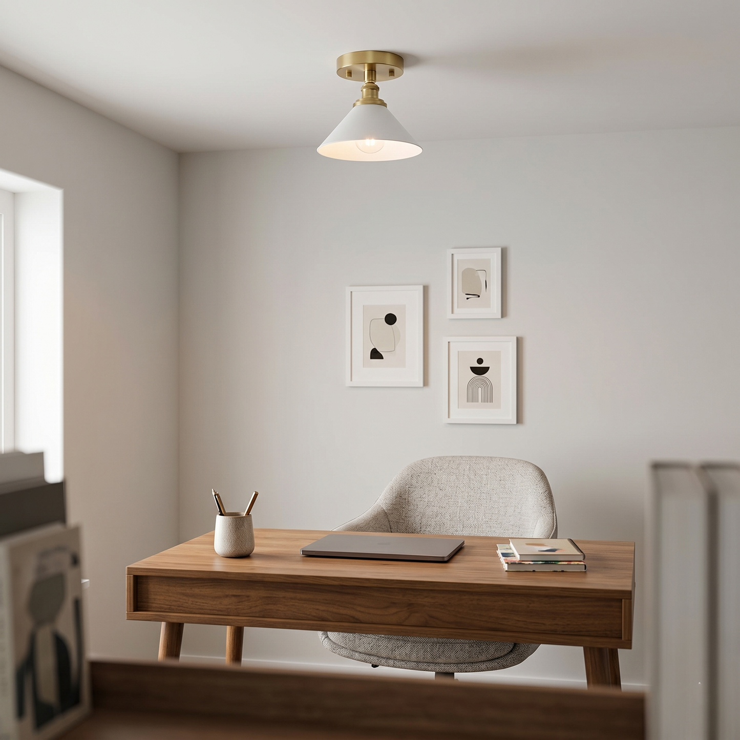 Thetford Ceiling Lamp - Classic Brass & Ceramic Flush Mount | Low-Ceiling Entryway & Hallway Light