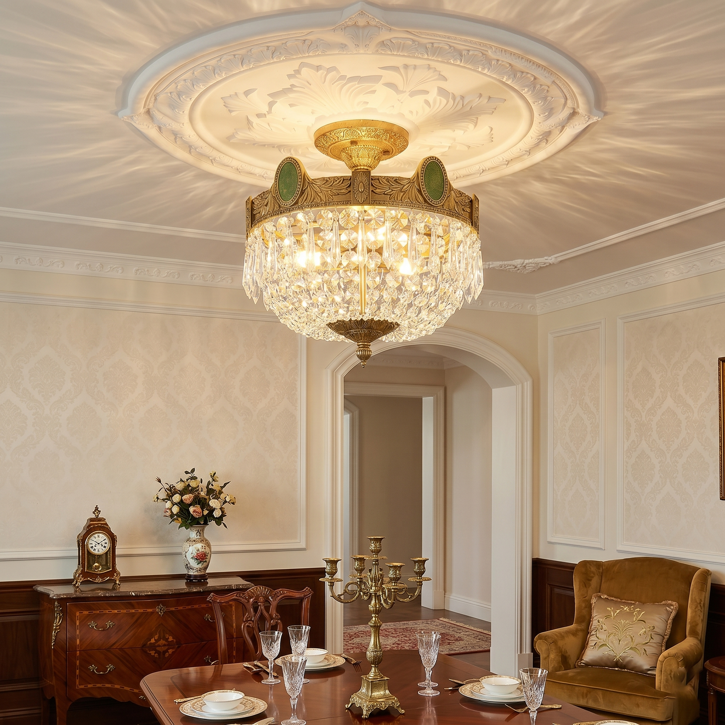 Stinnett Ceiling Lamp - Satin Brass & Crystal Glass 3-Light Flush Mount | Modern Overhead Ceiling Light