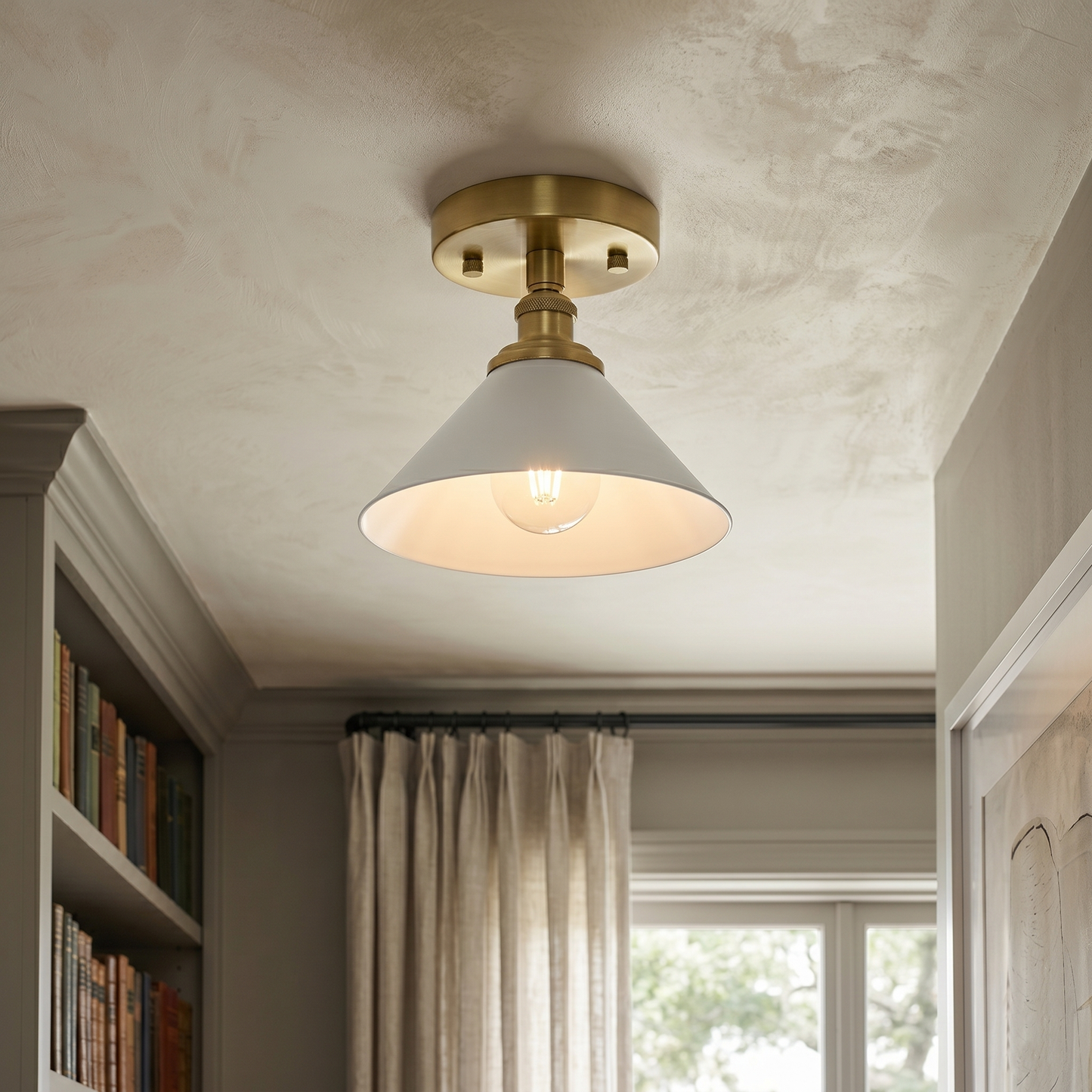 Thetford Ceiling Lamp - Classic Brass & Ceramic Flush Mount | Low-Ceiling Entryway & Hallway Light