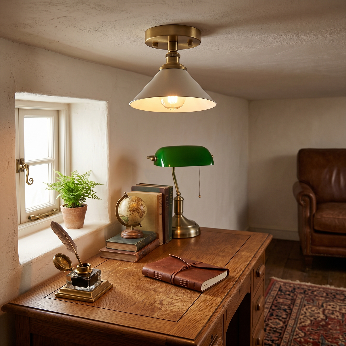 Thetford Ceiling Lamp - Classic Brass & Ceramic Flush Mount | Low-Ceiling Entryway & Hallway Light