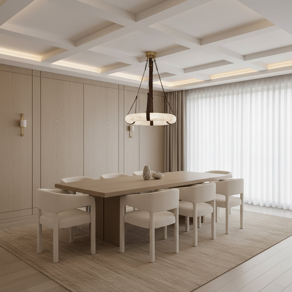 Oslo Alabaster Chandelier B - Halo Stone Ring & Leather Suspension
