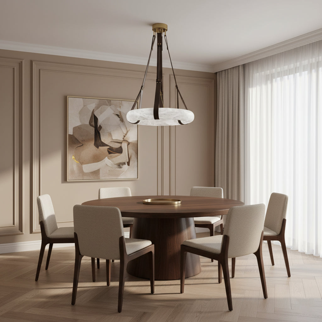 Oslo Alabaster Chandelier B - Halo Stone Ring & Leather Suspension