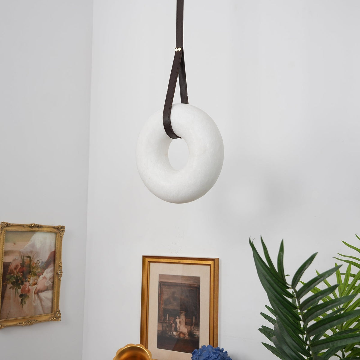 Oslo Alabaster Pendant Lamp - Carved Stone Globe & Leather Suspension