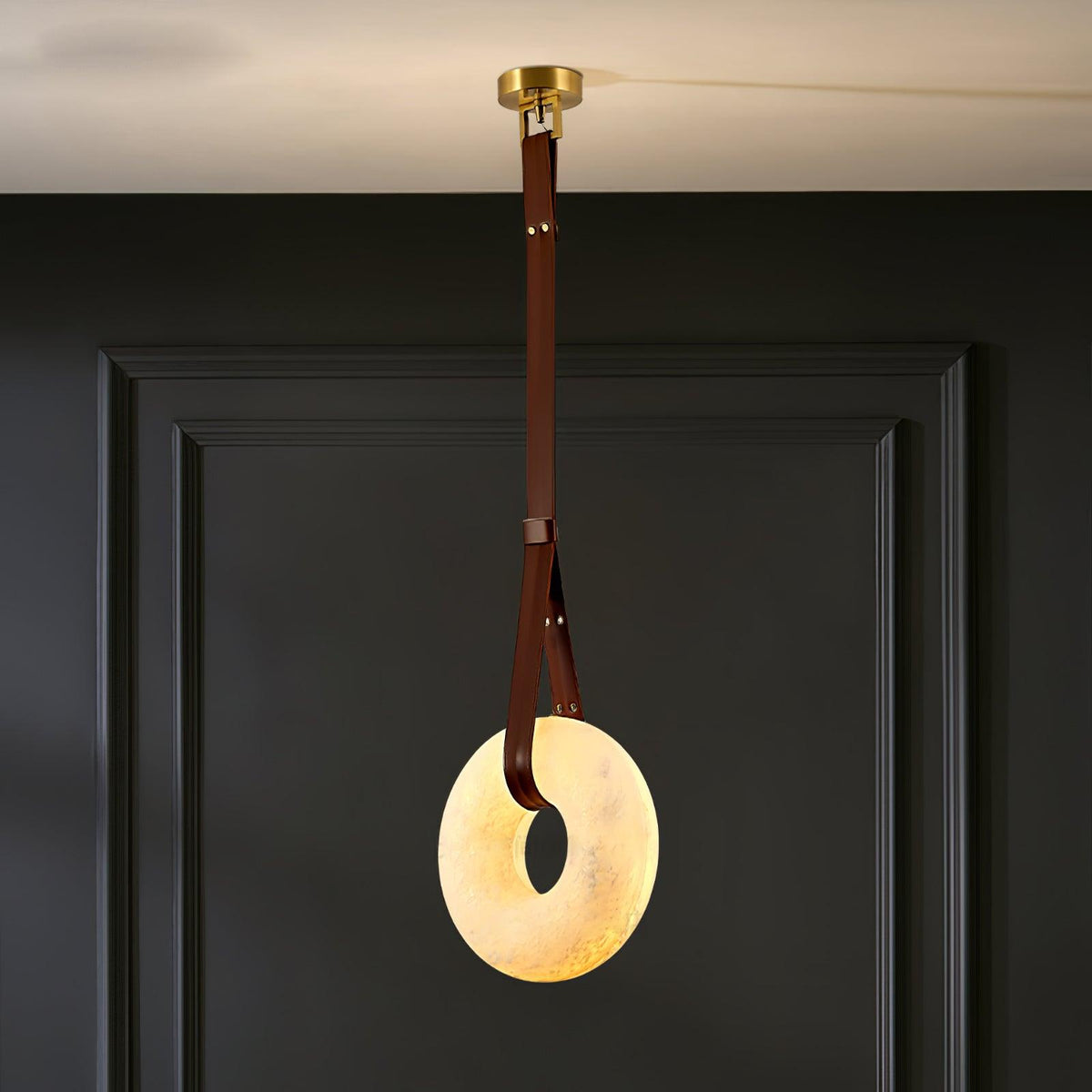 Oslo Alabaster Pendant Lamp - Carved Stone Globe & Leather Suspension