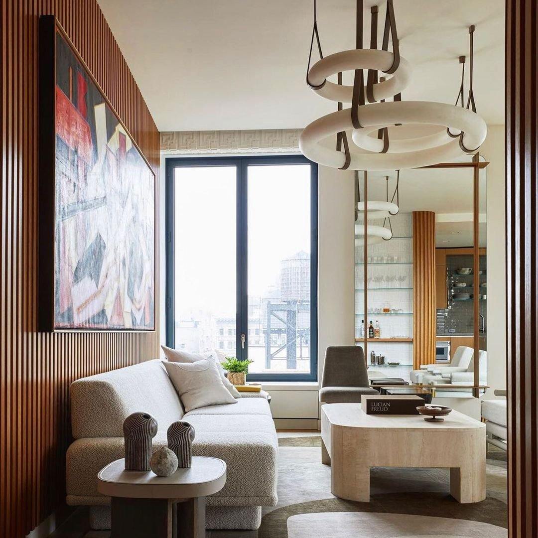 Oslo Alabaster Chandelier A - Triple-Point Leather Suspension Halo Ring