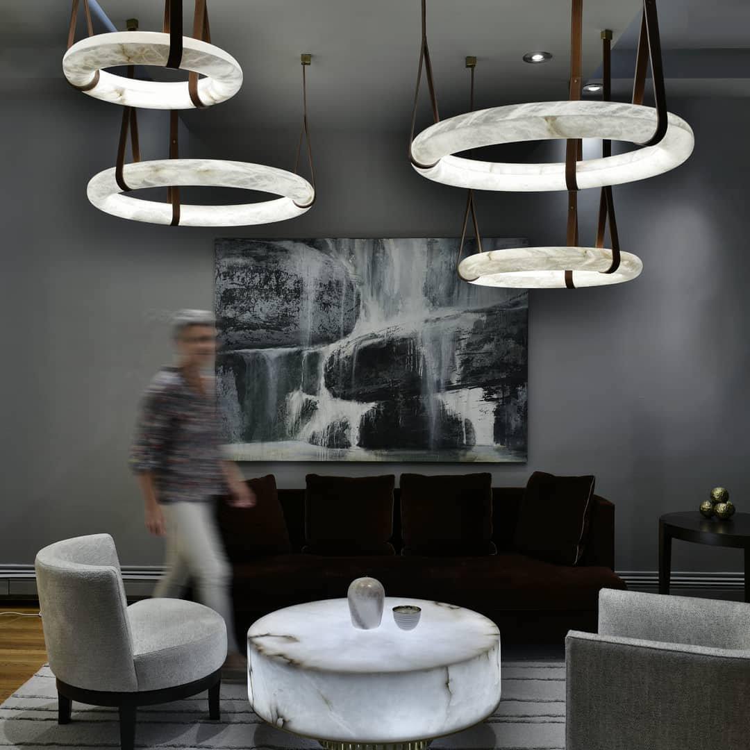Oslo Alabaster Chandelier A - Triple-Point Leather Suspension Halo Ring