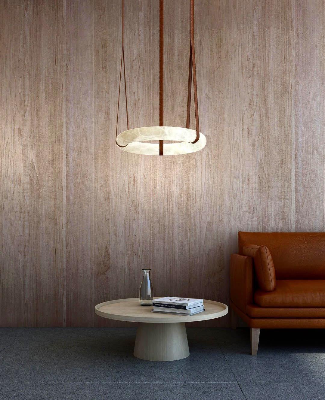 Oslo Alabaster Chandelier A - Triple-Point Leather Suspension Halo Ring