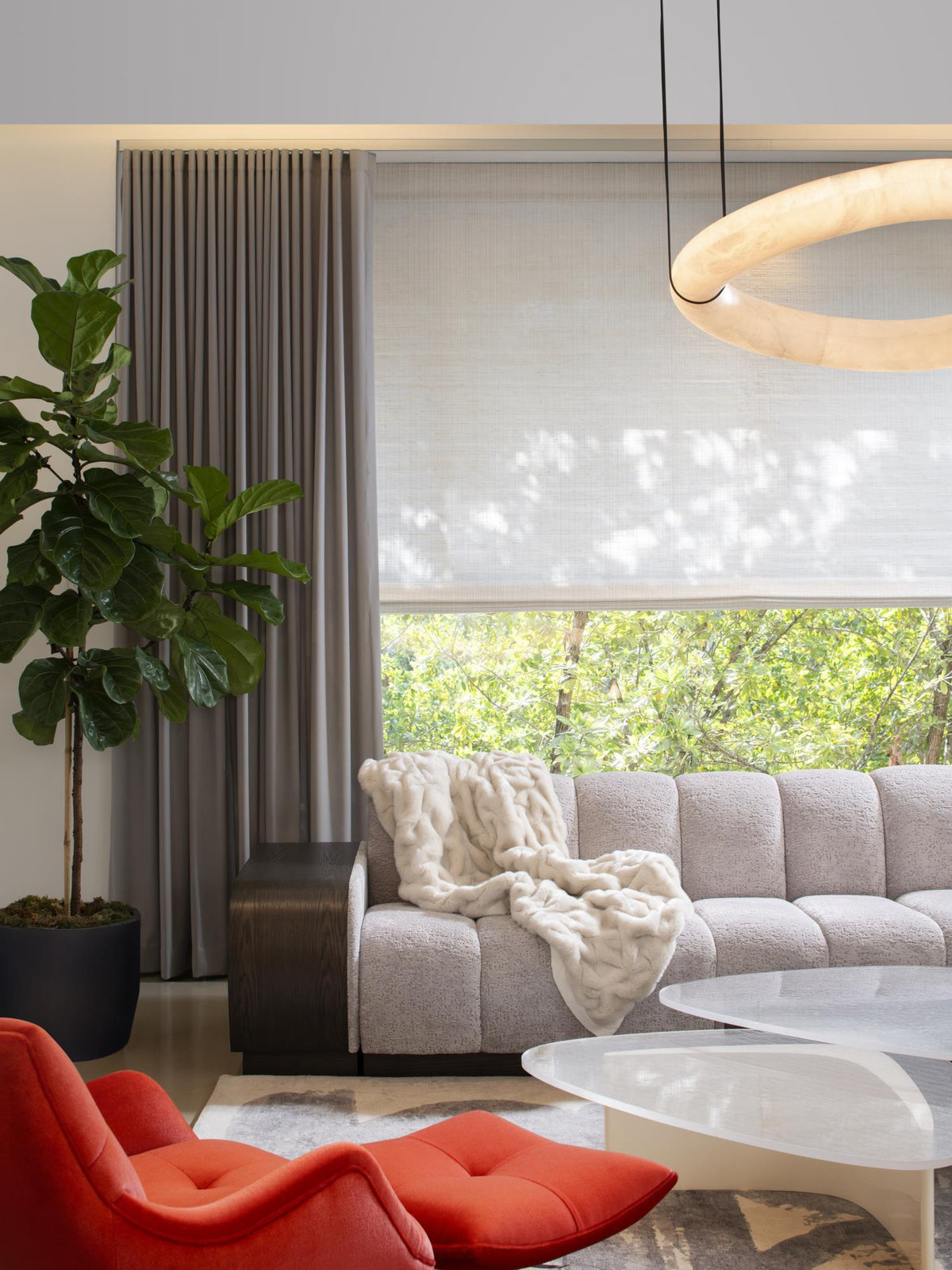 Oslo Alabaster Chandelier A - Triple-Point Leather Suspension Halo Ring