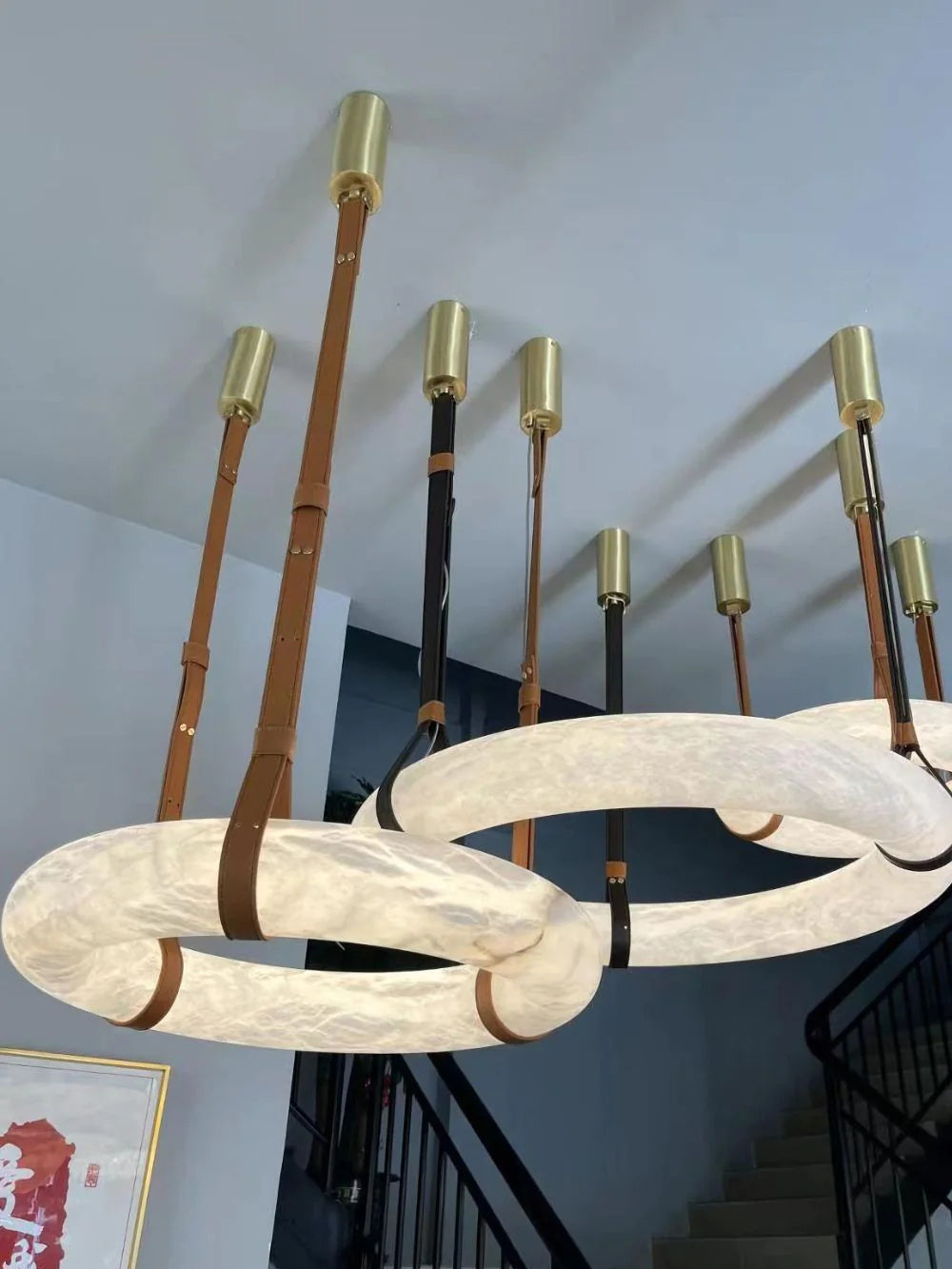 Oslo Alabaster Chandelier A - Triple-Point Leather Suspension Halo Ring