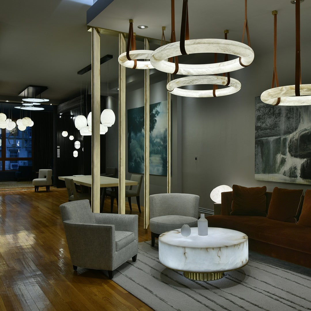 Oslo Alabaster Chandelier A - Triple-Point Leather Suspension Halo Ring