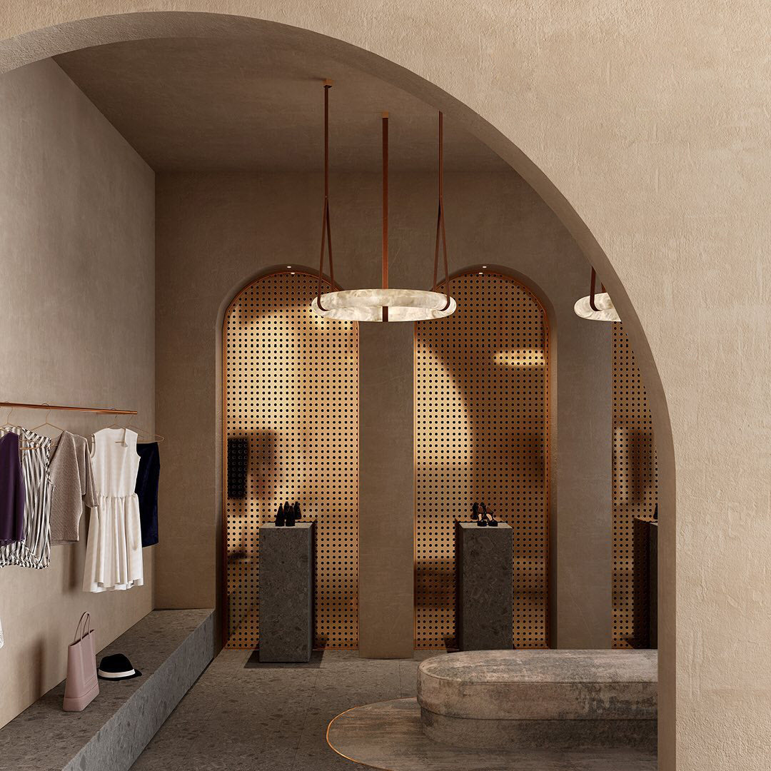 Oslo Alabaster Chandelier A - Triple-Point Leather Suspension Halo Ring