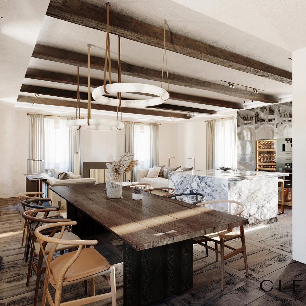 Oslo Alabaster Chandelier A - Triple-Point Leather Suspension Halo Ring
