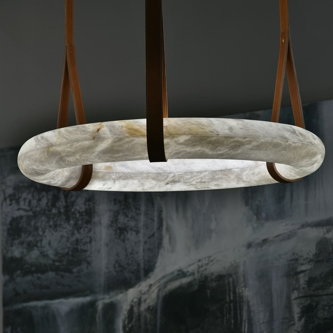 Oslo Alabaster Chandelier A - Triple-Point Leather Suspension Halo Ring