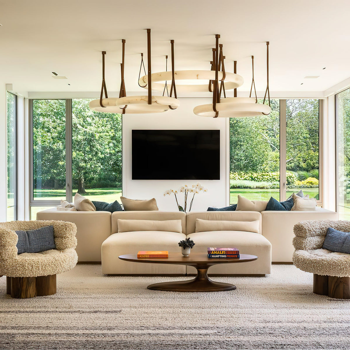 Oslo Alabaster Chandelier A - Triple-Point Leather Suspension Halo Ring