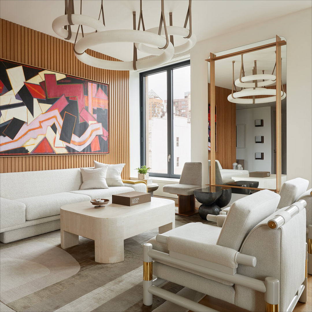 Oslo Alabaster Chandelier A - Triple-Point Leather Suspension Halo Ring