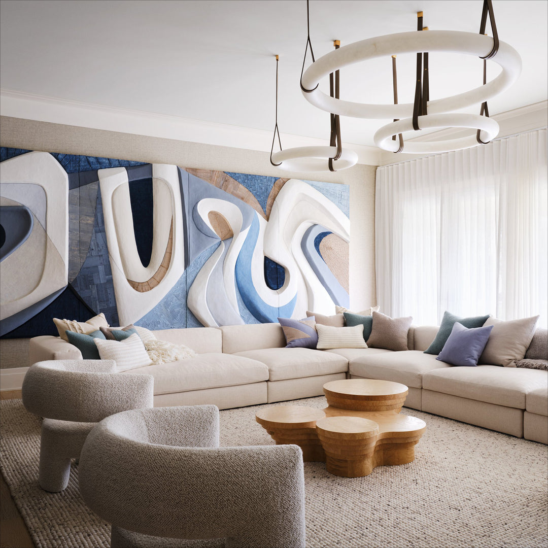 Oslo Alabaster Chandelier A - Triple-Point Leather Suspension Halo Ring