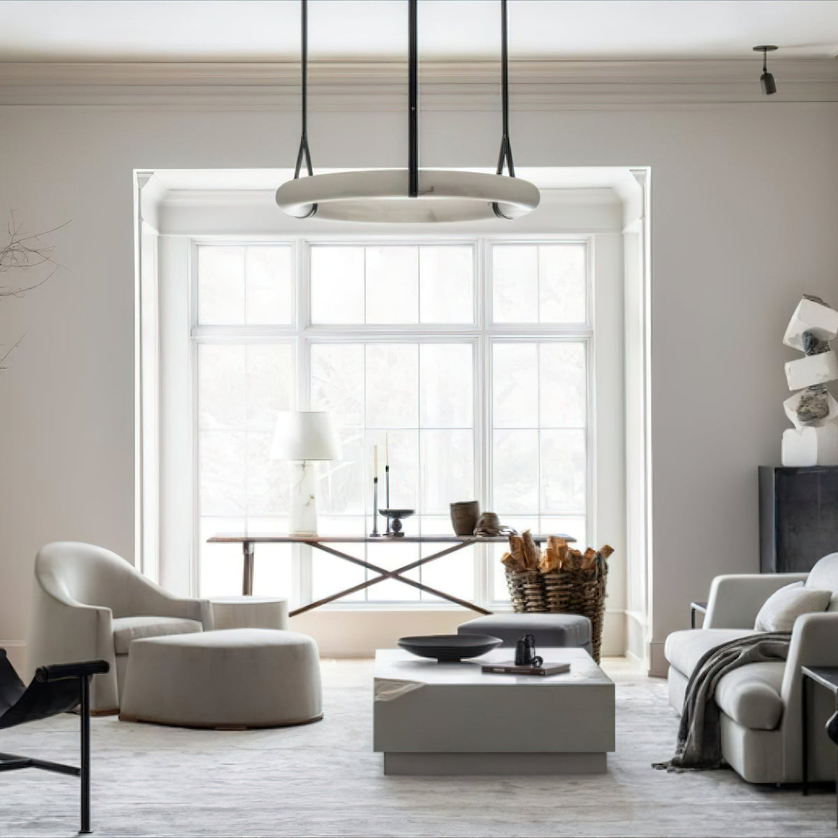 Oslo Alabaster Chandelier A - Triple-Point Leather Suspension Halo Ring