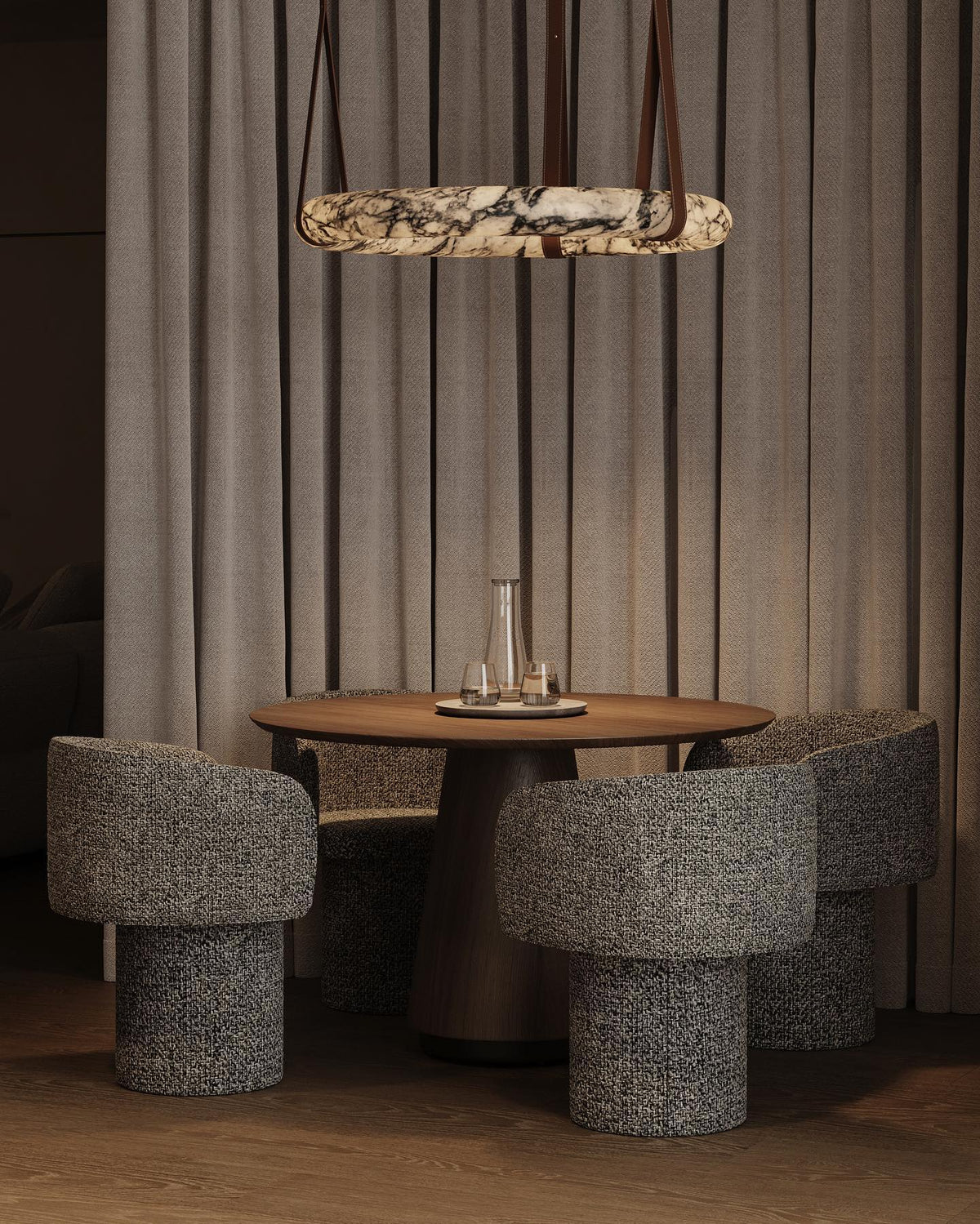 Oslo Alabaster Chandelier A - Triple-Point Leather Suspension Halo Ring
