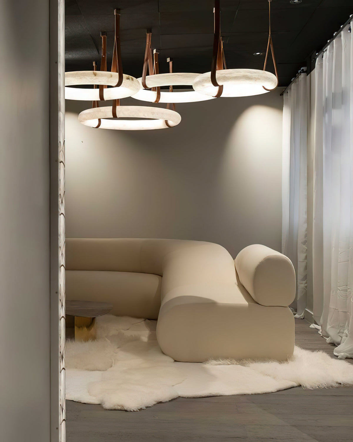 Oslo Alabaster Chandelier A - Triple-Point Leather Suspension Halo Ring