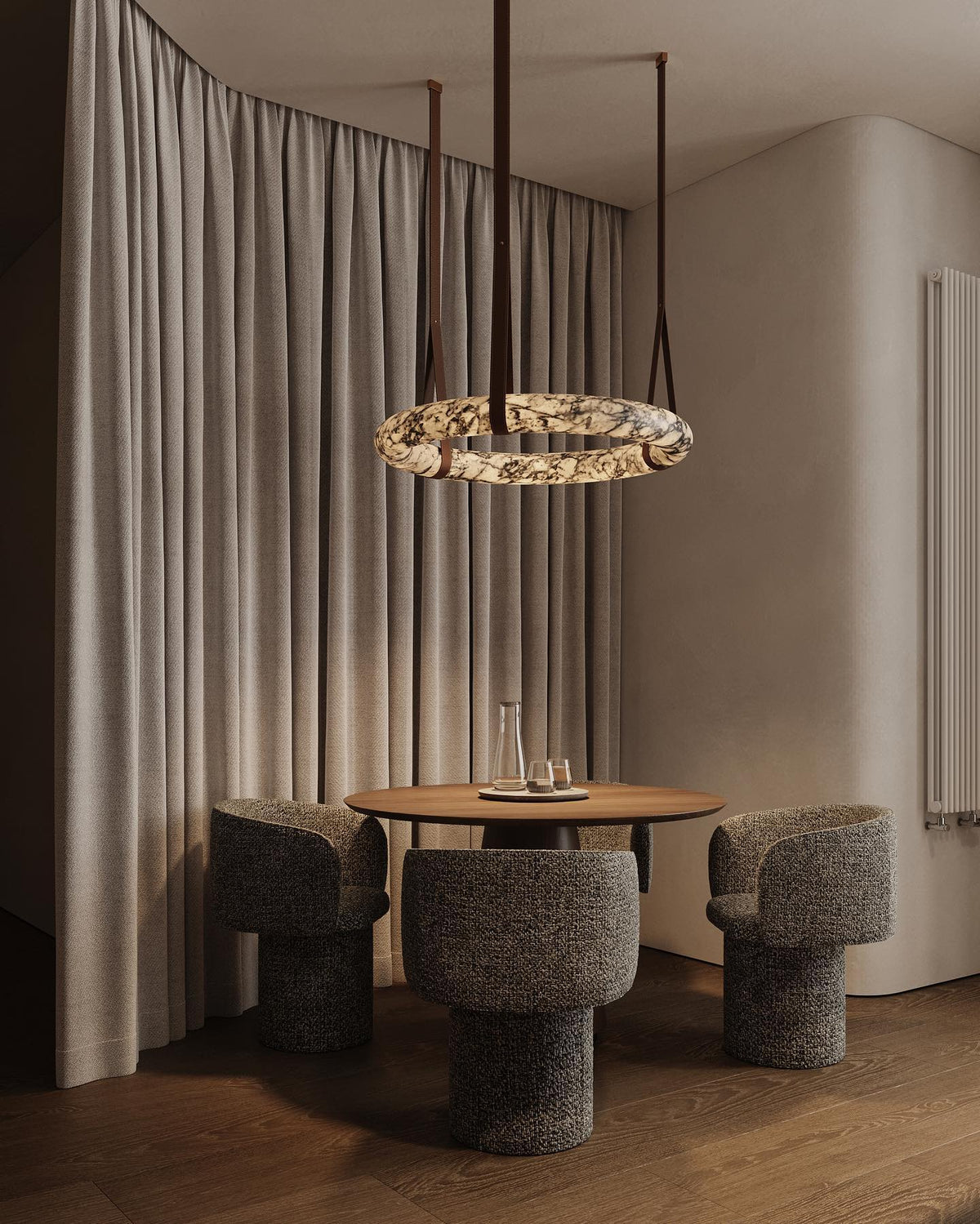 Oslo Alabaster Chandelier A - Triple-Point Leather Suspension Halo Ring