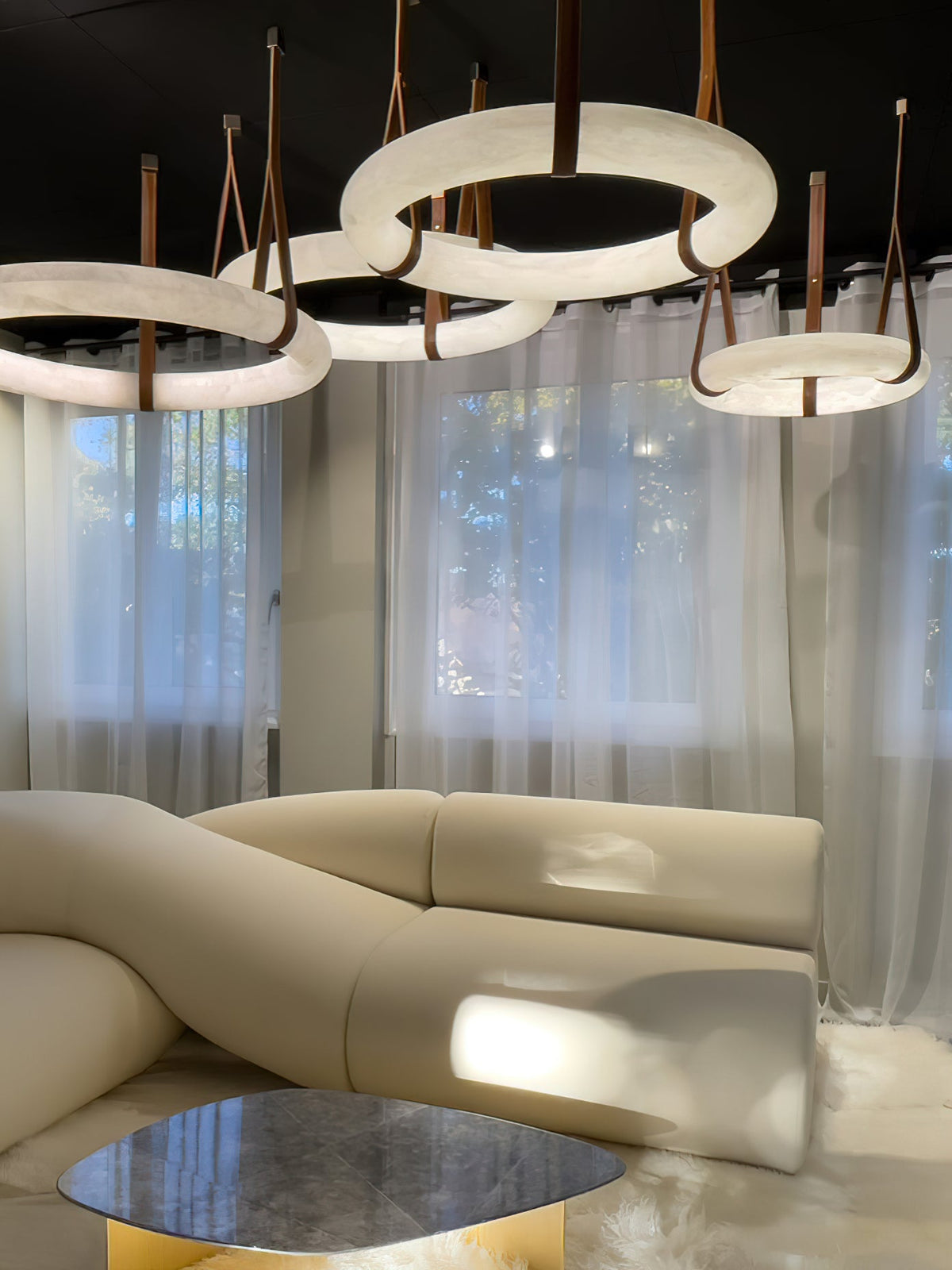 Oslo Alabaster Chandelier A - Triple-Point Leather Suspension Halo Ring
