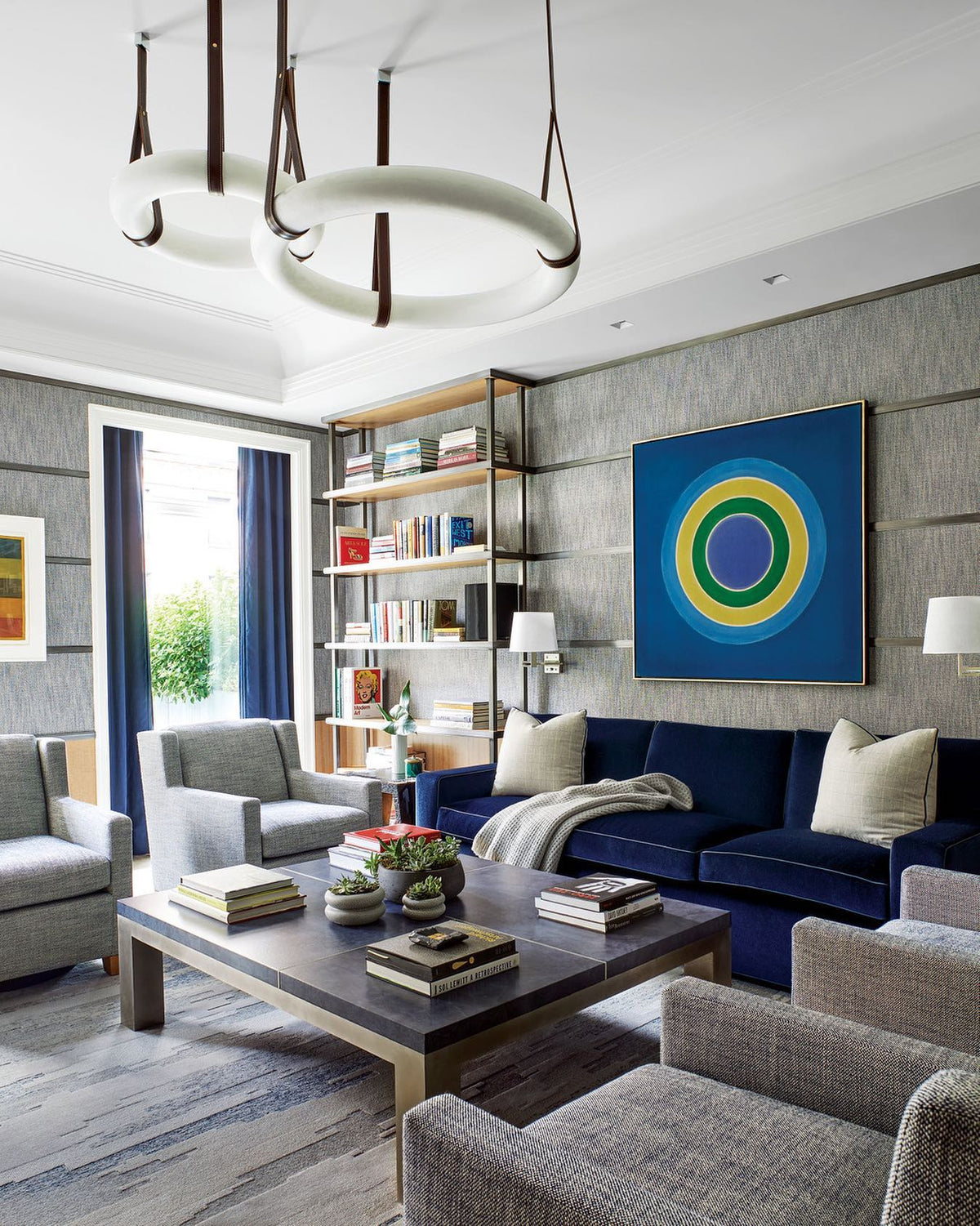 Oslo Alabaster Chandelier A - Triple-Point Leather Suspension Halo Ring