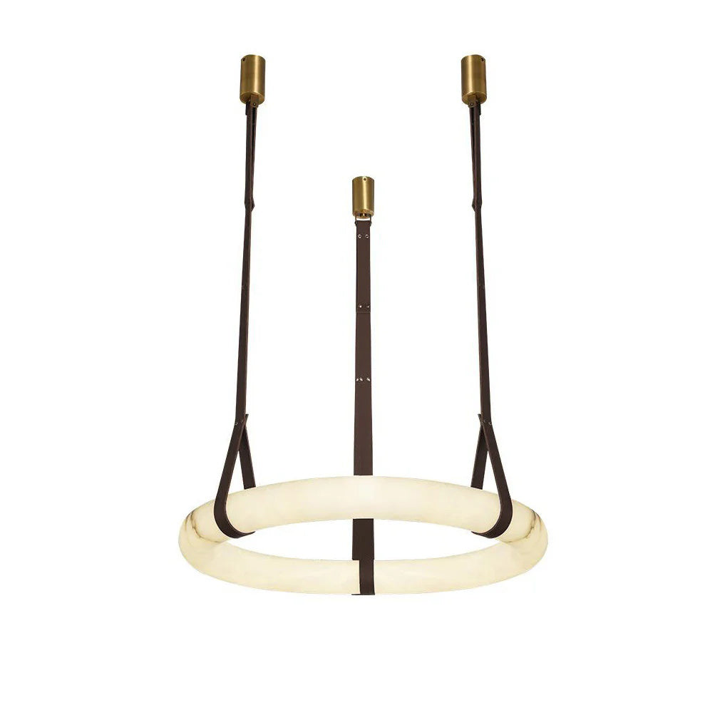 Oslo Alabaster Chandelier A - Triple-Point Leather Suspension Halo Ring