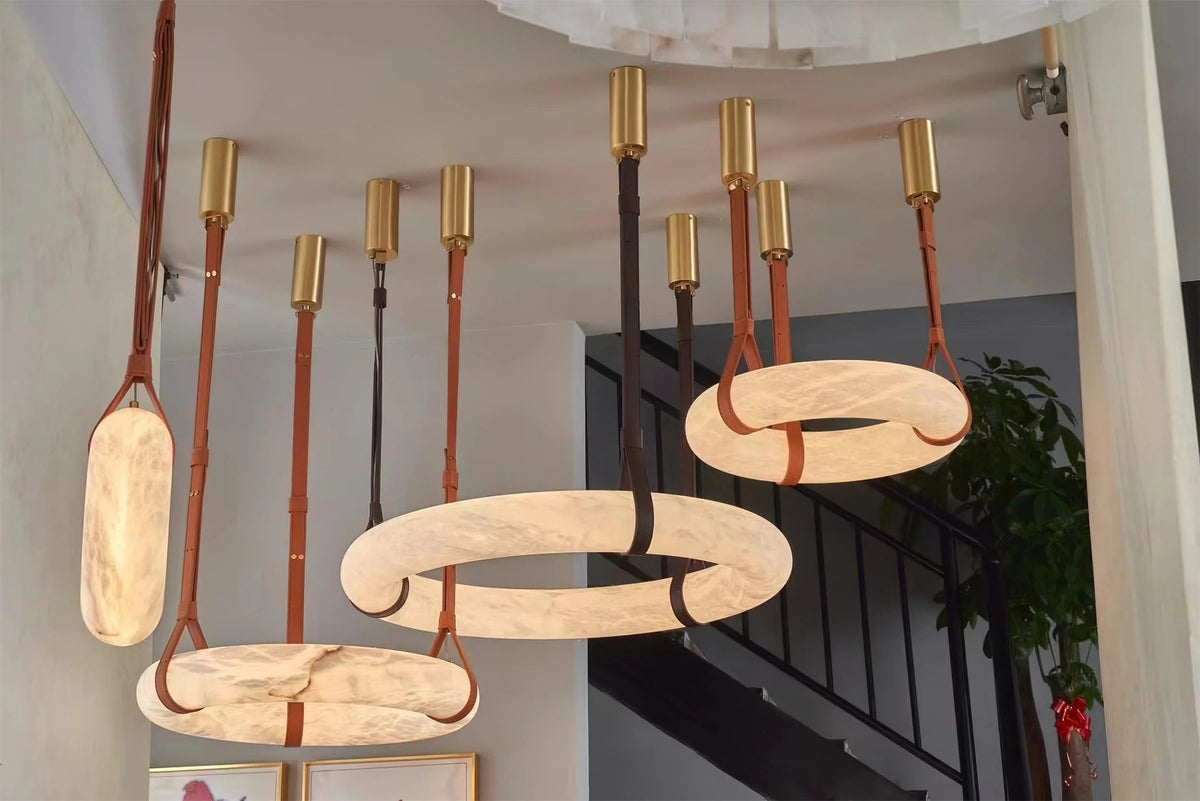 Oslo Alabaster Chandelier A - Triple-Point Leather Suspension Halo Ring