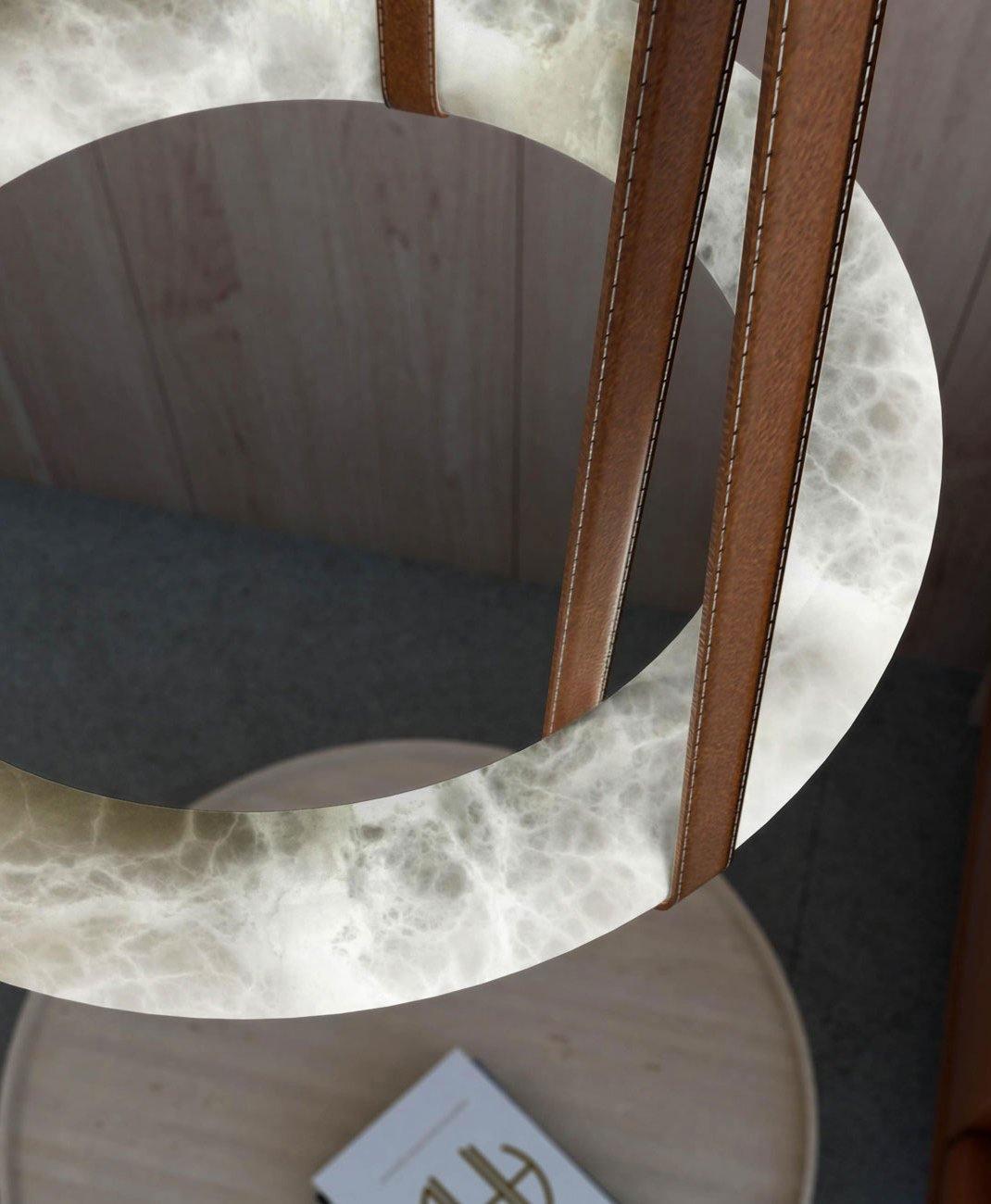 Oslo Alabaster Chandelier B - Halo Stone Ring & Leather Suspension