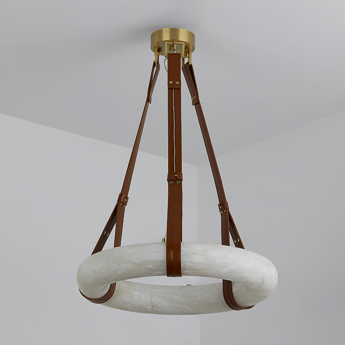 Oslo Alabaster Chandelier B - Halo Stone Ring & Leather Suspension