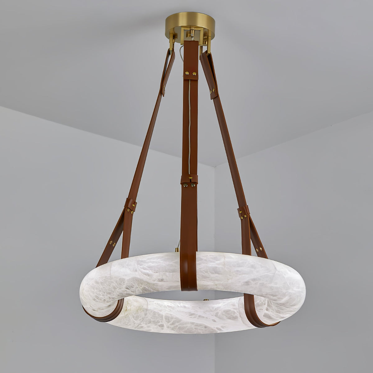 Oslo Alabaster Chandelier B - Halo Stone Ring & Leather Suspension