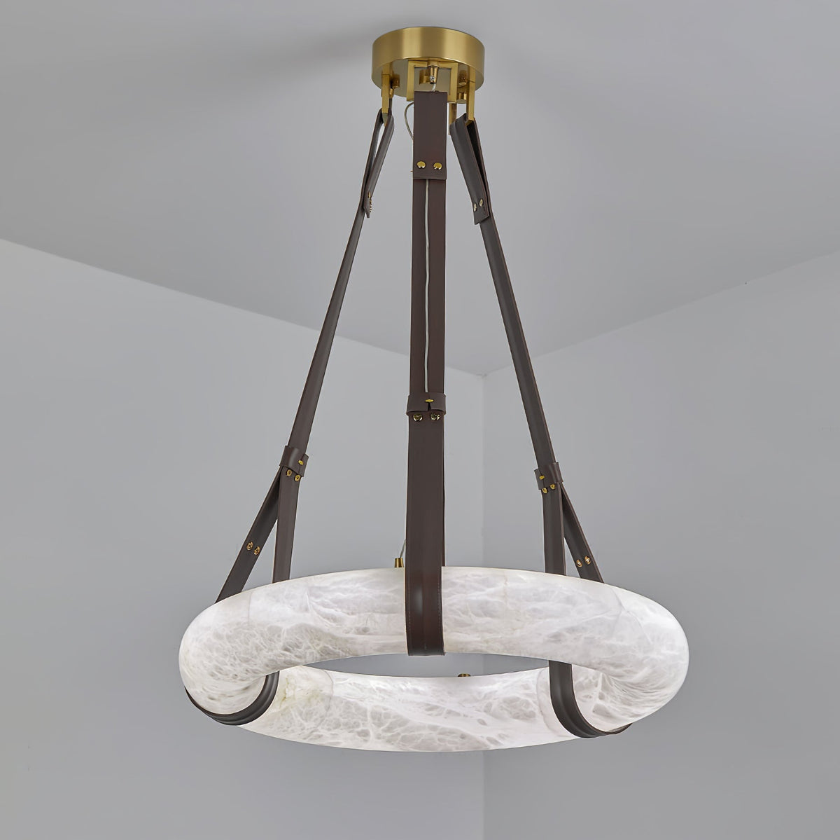 Oslo Alabaster Chandelier B - Halo Stone Ring & Leather Suspension