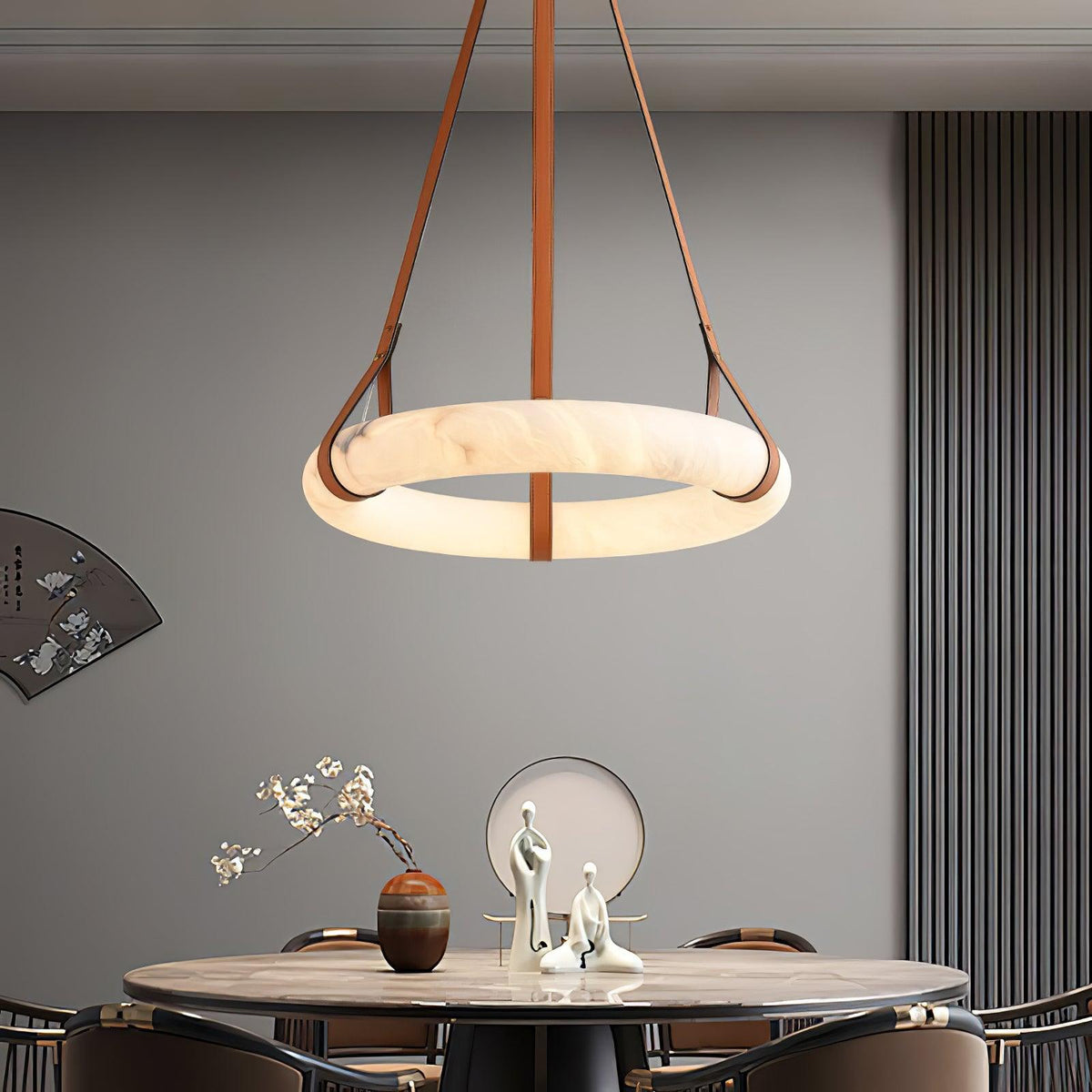 Oslo Alabaster Chandelier B - Halo Stone Ring & Leather Suspension
