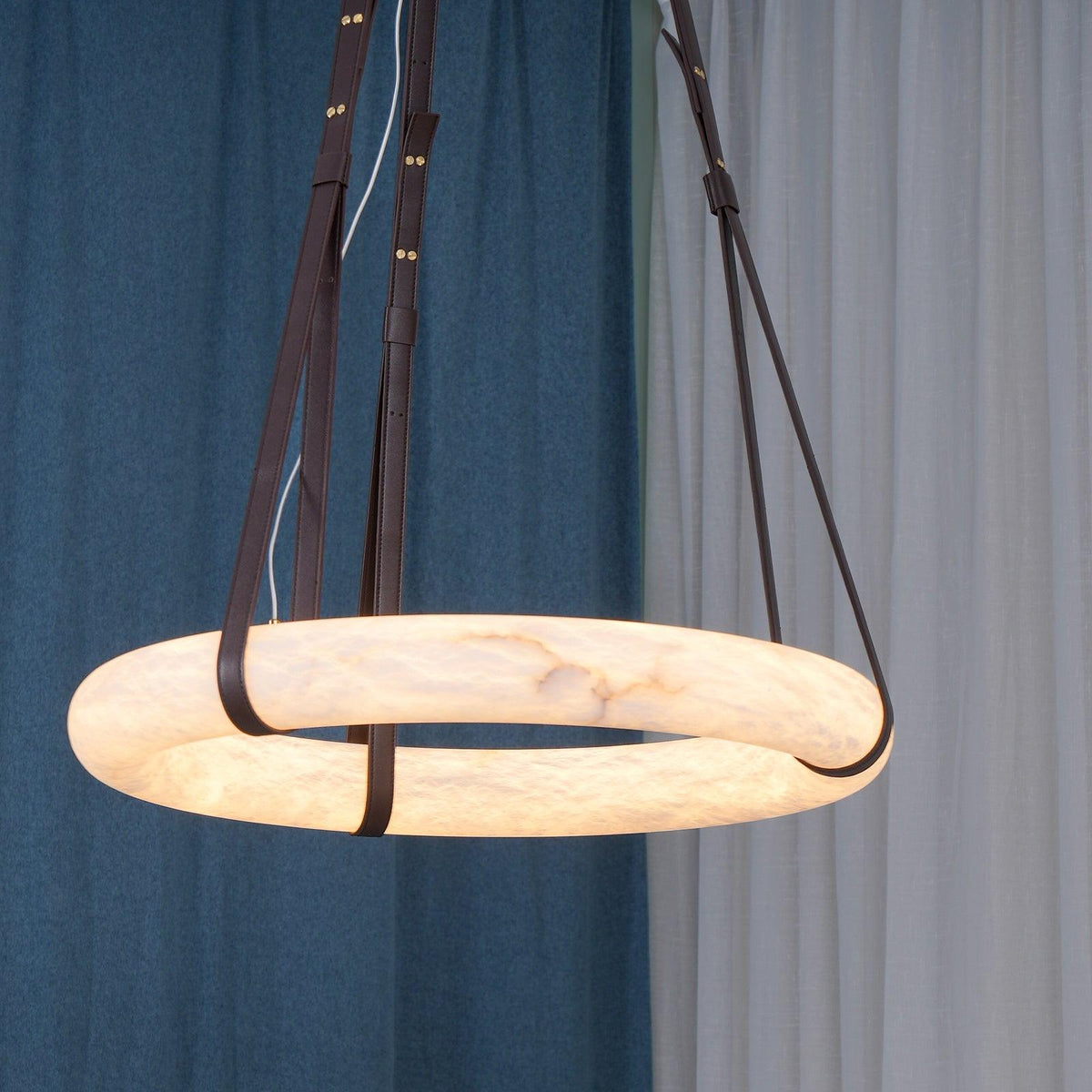 Oslo Alabaster Chandelier B - Halo Stone Ring & Leather Suspension