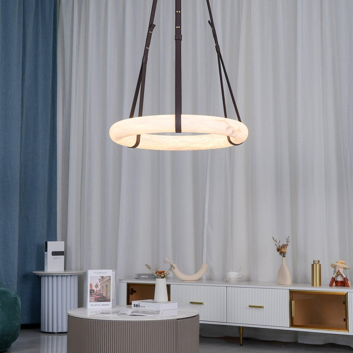 Oslo Alabaster Chandelier B - Halo Stone Ring & Leather Suspension