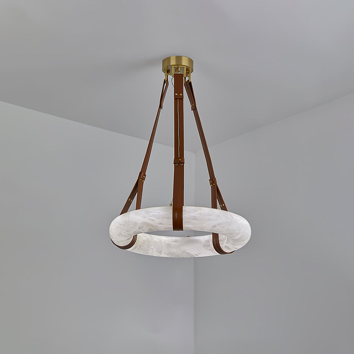 Oslo Alabaster Chandelier B - Halo Stone Ring & Leather Suspension