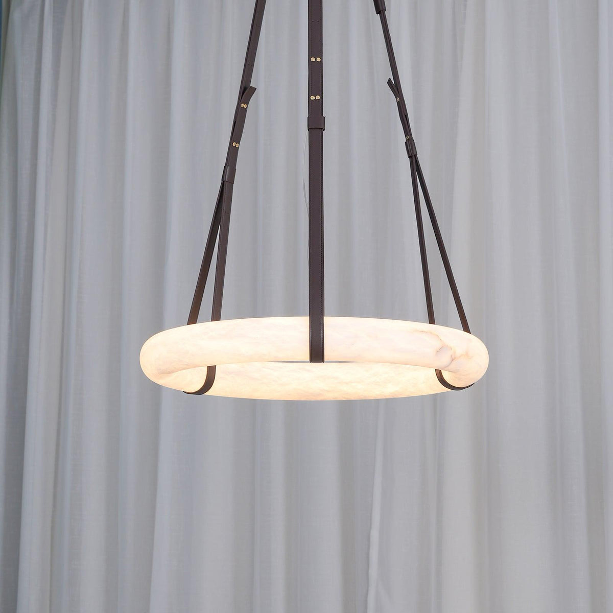 Oslo Alabaster Chandelier B - Halo Stone Ring & Leather Suspension