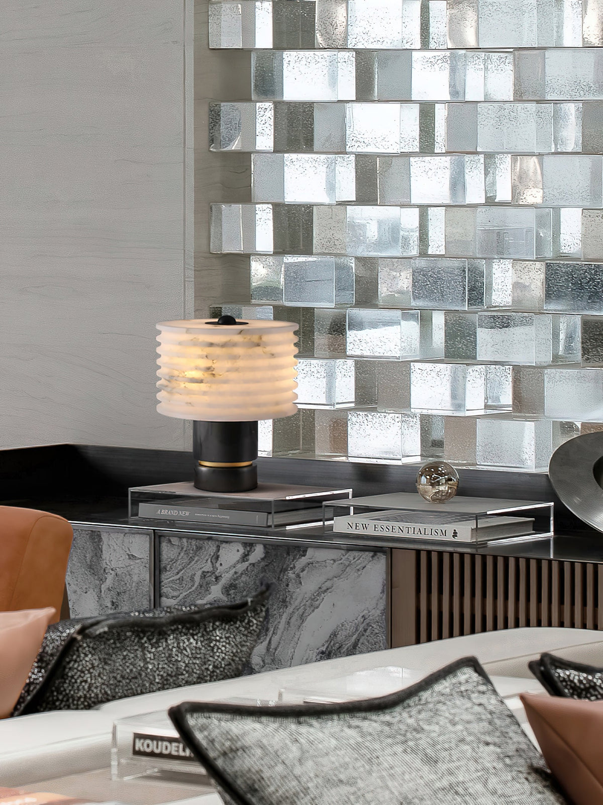 Outela Alabaster Table Lamp - Carved Stone Shade & Marble Base