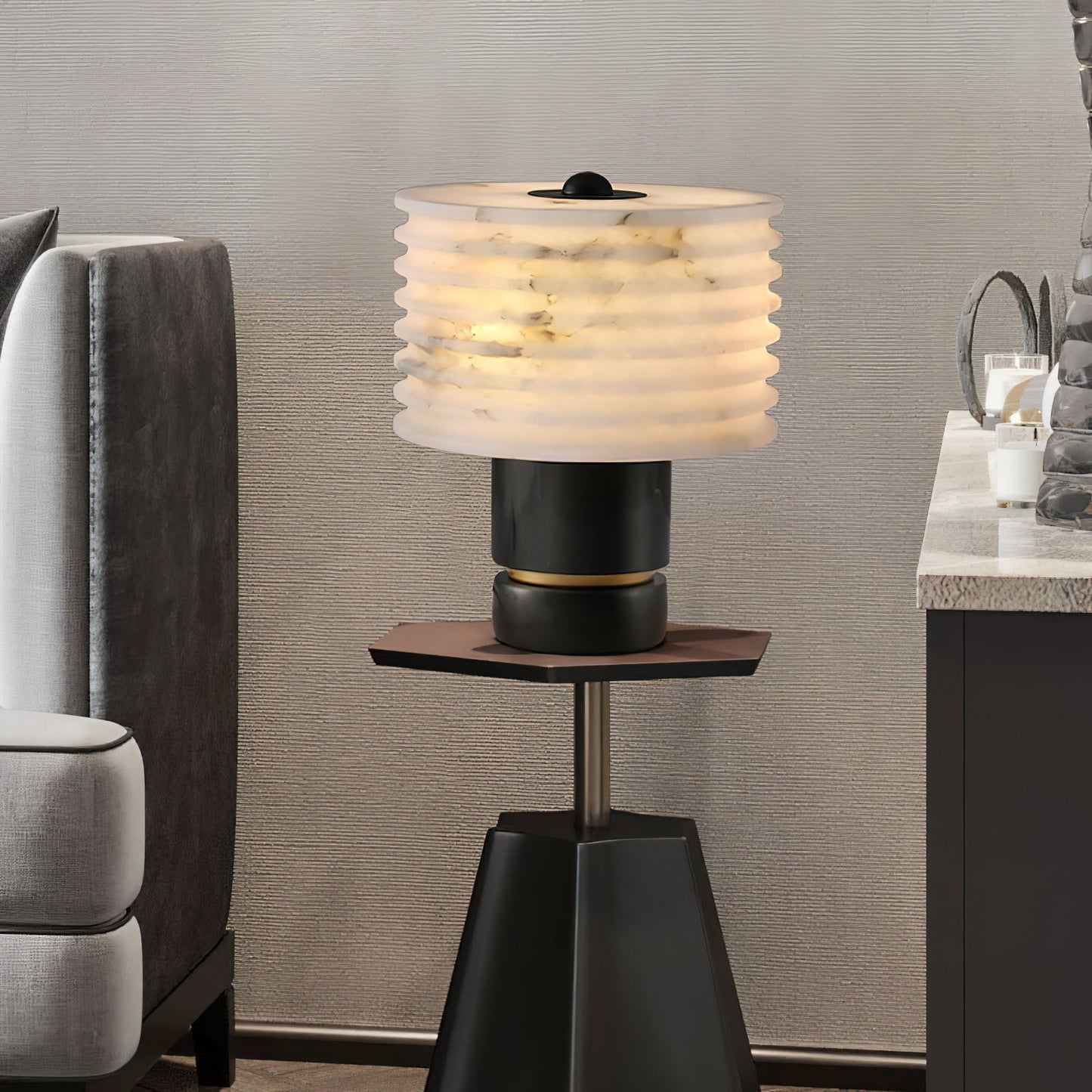 Outela Alabaster Table Lamp - Carved Stone Shade & Marble Base