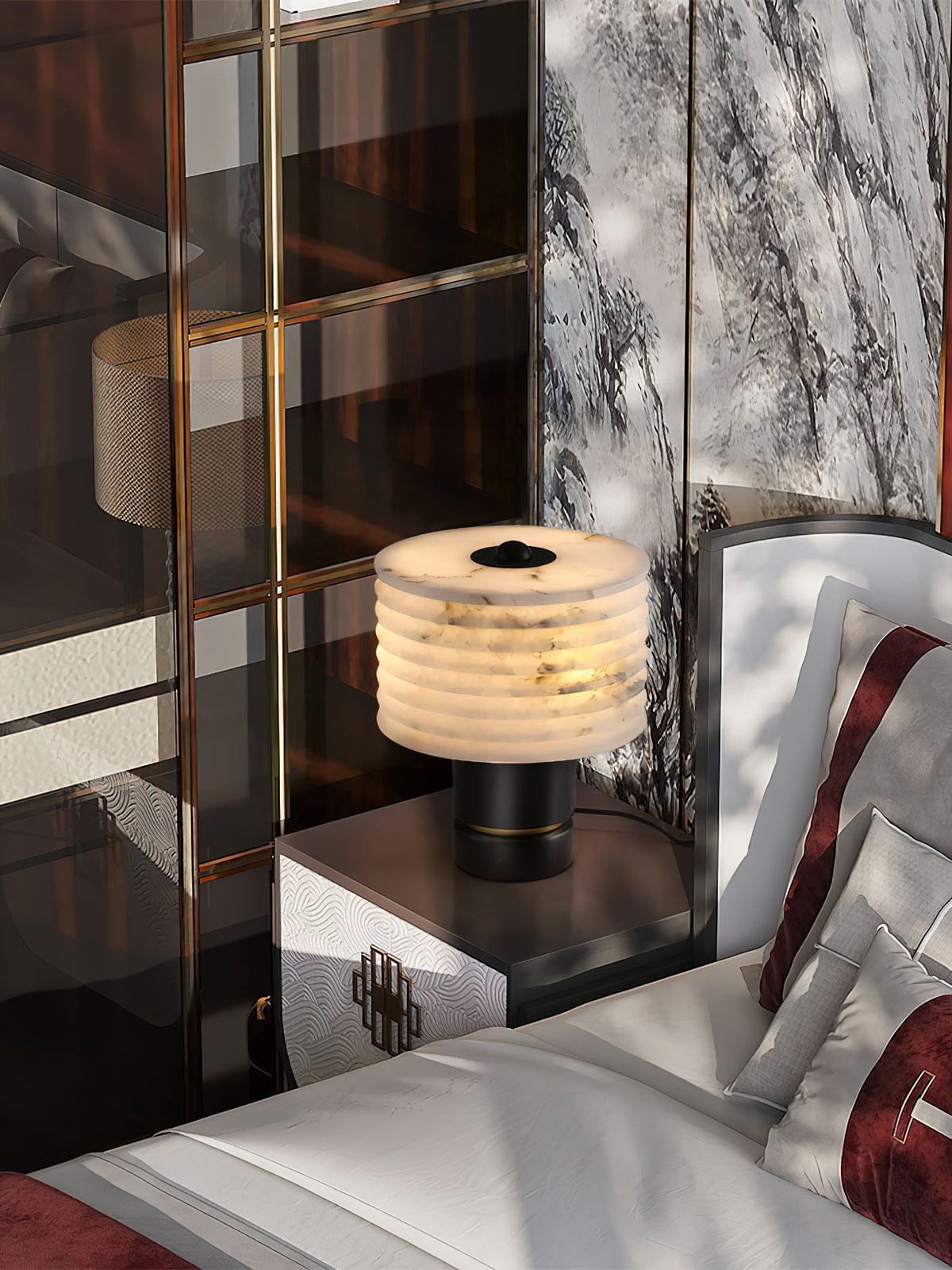 Outela Alabaster Table Lamp - Carved Stone Shade & Marble Base