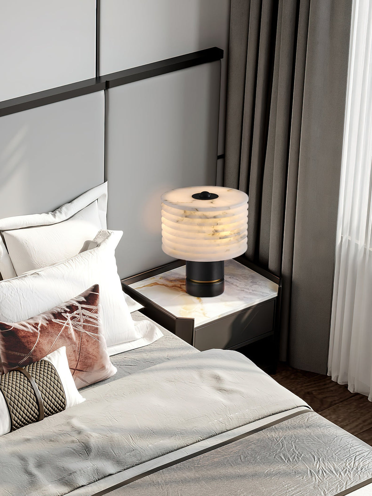 Outela Alabaster Table Lamp - Carved Stone Shade & Marble Base