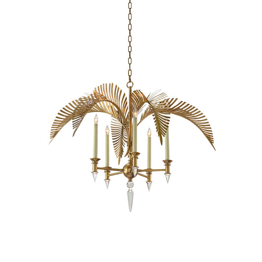 Palm Frond Chandelier - Sculpted Brass Tropical Leaf Light