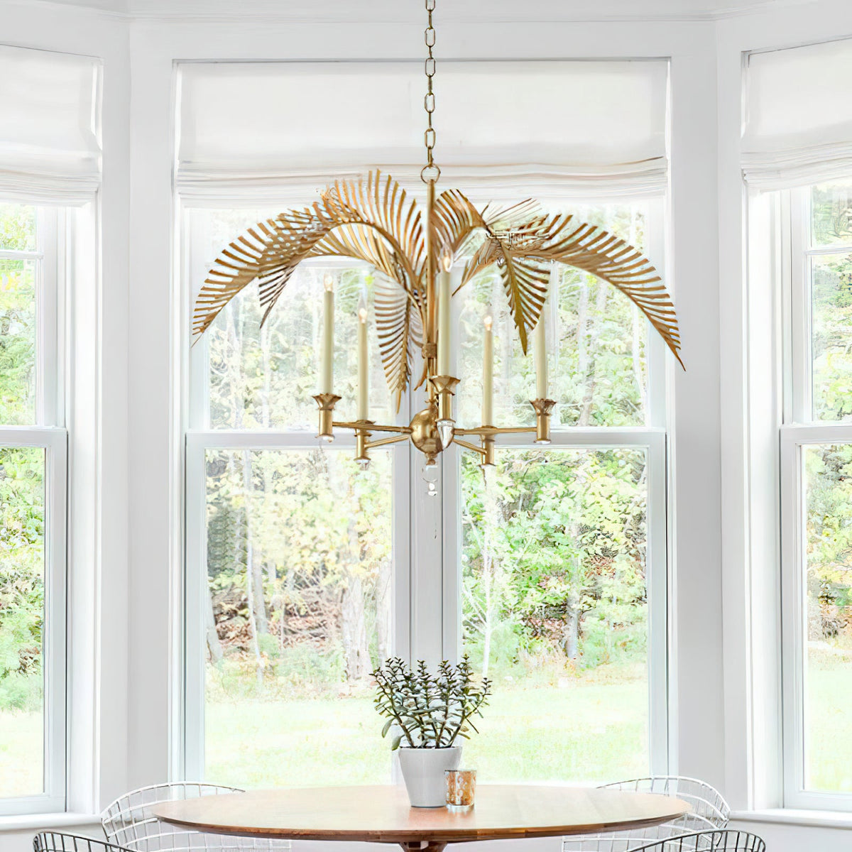 Palm Frond Chandelier - Sculpted Brass Tropical Leaf Light