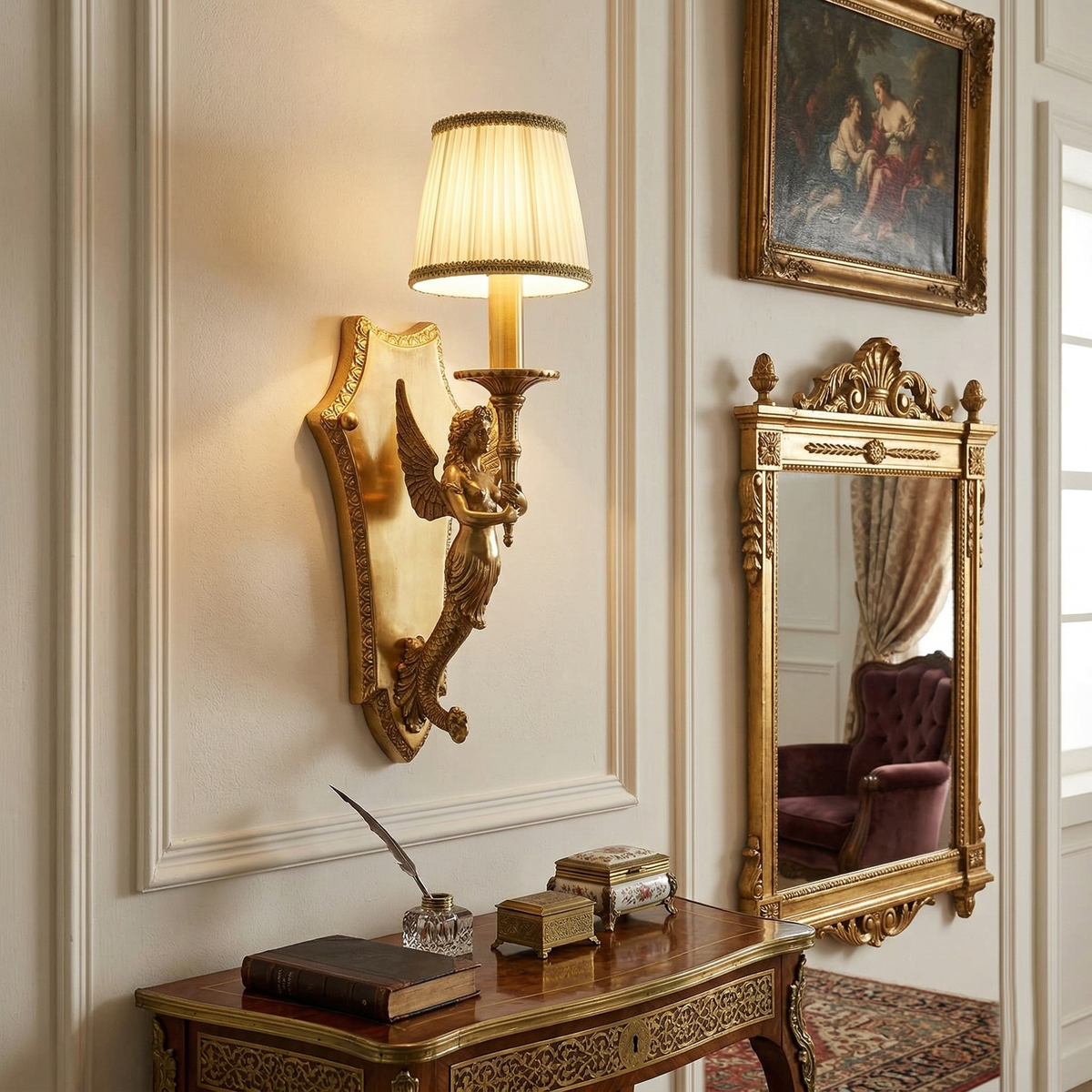 Caterina Brass Wall Lamp – French Provincial Ornate Brass & Fabric Shade Sconce