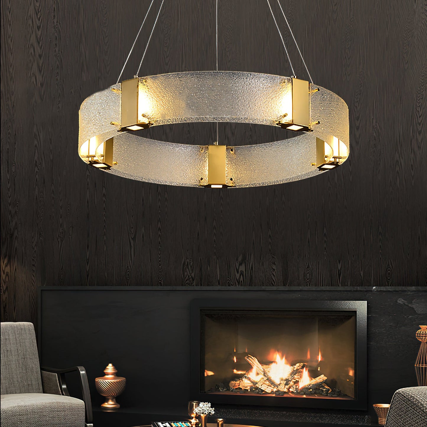 Parallel Ring Chandelier - Segmented Hand-Textured Glass Ring Light