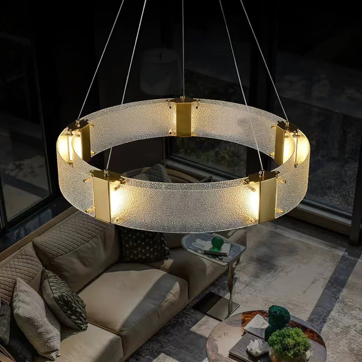 Parallel Ring Chandelier - Segmented Hand-Textured Glass Ring Light